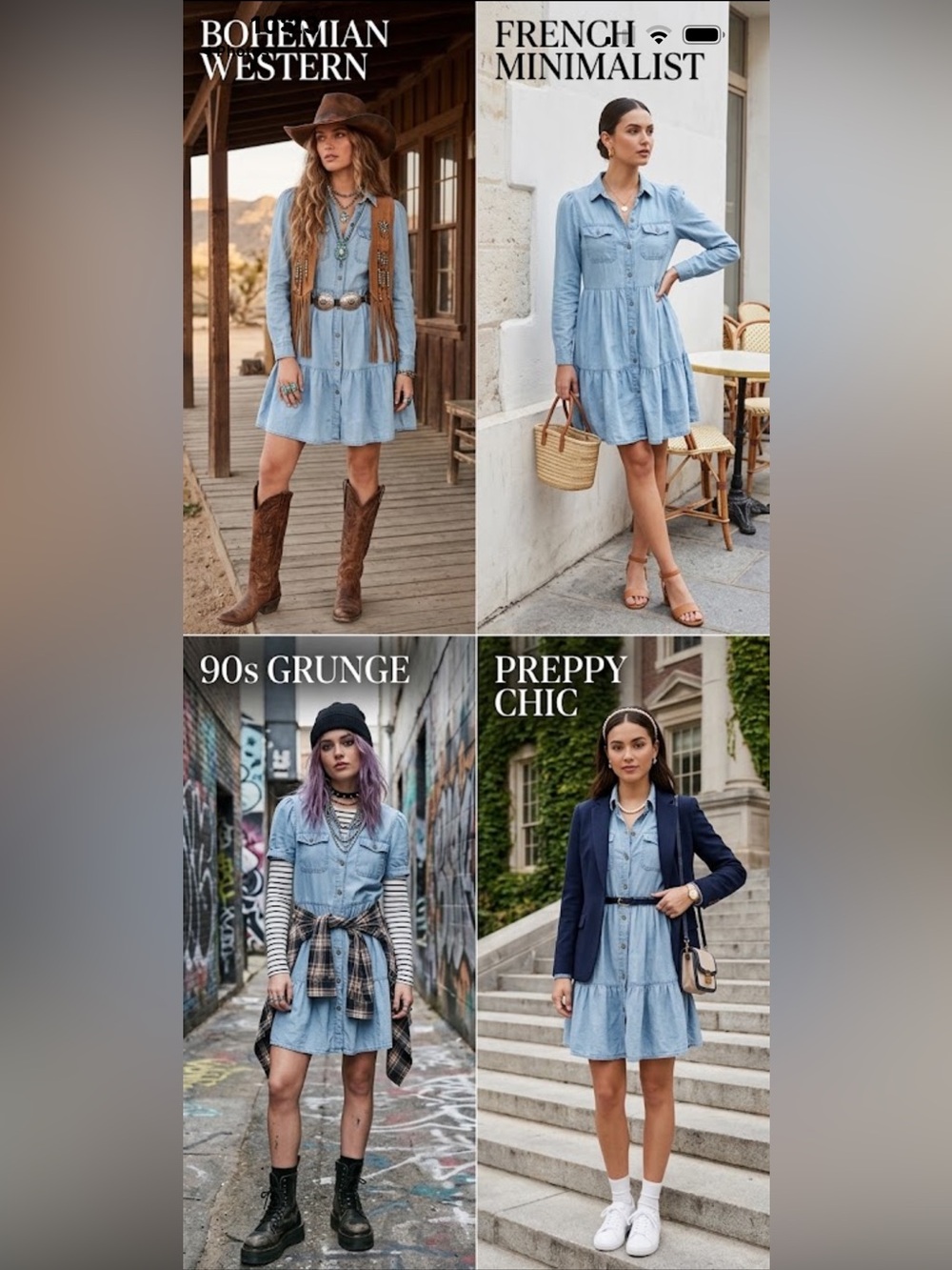 Light Blue Denim Tiered Long-Sleeve Shirt Dress w/Pockets Boho Western Grunge